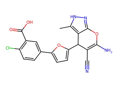 5-[5-(6-amino-5-cyano-3-methyl-2,4-dihydropyrano[2,3-c]pyrazol-4-yl)furan-2-yl]-2-chlorobenzoic acid structure