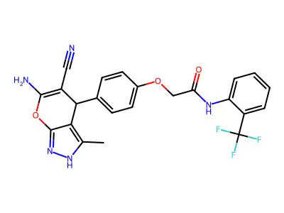 2-[4-(6-amino-5-cyano-3-methyl-2,4-dihydropyrano[2,3-c]pyrazol-4-yl)phenoxy]-N-[2-(trifluoromethyl)phenyl]acetamide structure