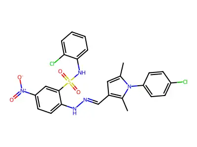 N-(2-Chlorophenyl)-2-(2-{[1-(4-chlorophenyl)-2,5-dimethyl-1H-pyrrol-3-yl]methylidene}hydrazinyl)-5-nitrobenzene-1-sulfonamide structure