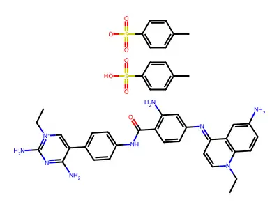 Quinolinium, 6-amino-4-((3-amino-4-(((4-(2,4-diamino-1-ethylpyrimidinium-5-yl)phenyl)amino)carbonyl)phenyl)amino)-1-ethyl-, salt with 4-methylbenzenesulfonic acid (1:2) structure