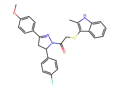 1-[5-(4-fluorophenyl)-3-(4-methoxyphenyl)-4,5-dihydro-1H-pyrazol-1-yl]-2-[(2-methyl-1H-indol-3-yl)sulfanyl]ethan-1-one structure