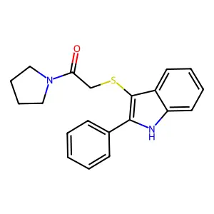 2-((2-phenyl-1H-indol-3-yl)thio)-1-(pyrrolidin-1-yl)ethanone structure