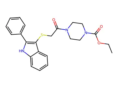 ethyl 4-(2-((2-phenyl-1H-indol-3-yl)thio)acetyl)piperazine-1-carboxylate structure