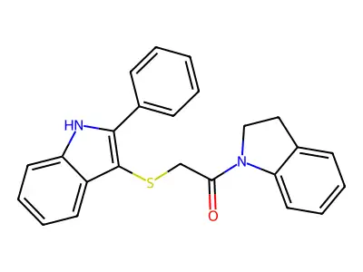 1-(indolin-1-yl)-2-((2-phenyl-1H-indol-3-yl)thio)ethanone structure