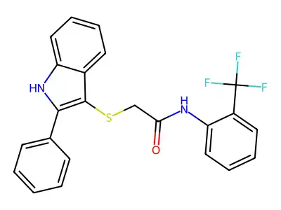 2-[(2-phenyl-1H-indol-3-yl)sulfanyl]-N-[2-(trifluoromethyl)phenyl]acetamide structure