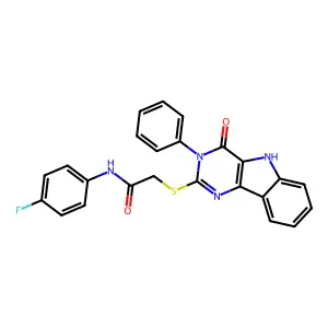 N-(4-fluorophenyl)-2-((4-oxo-3-phenyl-4,5-dihydro-3H-pyrimido[5,4-b]indol-2-yl)thio)acetamide structure