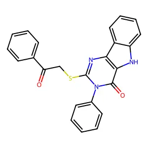 2-((2-oxo-2-phenylethyl)thio)-3-phenyl-3H-pyrimido[5,4-b]indol-4(5H)-one structure