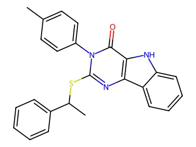 2-((1-phenylethyl)thio)-3-(p-tolyl)-3H-pyrimido[5,4-b]indol-4(5H)-one structure