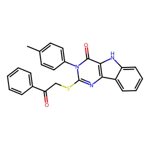 2-((2-oxo-2-phenylethyl)thio)-3-(p-tolyl)-3H-pyrimido[5,4-b]indol-4(5H)-one structure