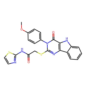 2-((3-(4-methoxyphenyl)-4-oxo-4,5-dihydro-3H-pyrimido[5,4-b]indol-2-yl)thio)-N-(thiazol-2-yl)acetamide structure