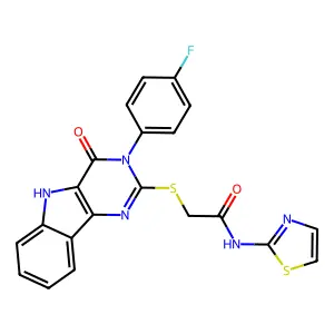2-{[3-(4-fluorophenyl)-4-oxo-3H,4H,5H-pyrimido[5,4-b]indol-2-yl]sulfanyl}-N-(1,3-thiazol-2-yl)acetamide structure