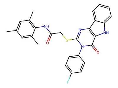 2-{[3-(4-fluorophenyl)-4-oxo-3H,4H,5H-pyrimido[5,4-b]indol-2-yl]sulfanyl}-N-(2,4,6-trimethylphenyl)acetamide structure