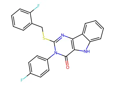 2-((2-fluorobenzyl)thio)-3-(4-fluorophenyl)-3H-pyrimido[5,4-b]indol-4(5H)-one structure
