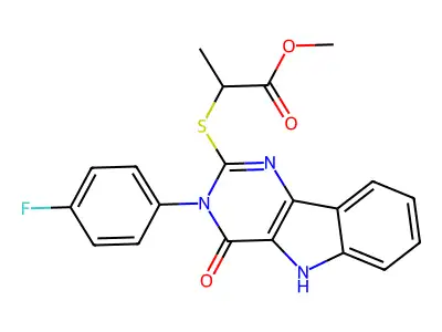 methyl 2-((3-(4-fluorophenyl)-4-oxo-4,5-dihydro-3H-pyrimido[5,4-b]indol-2-yl)thio)propanoate structure
