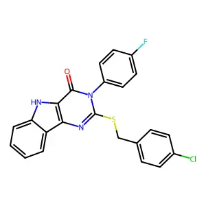2-{[(4-chlorophenyl)methyl]sulfanyl}-3-(4-fluorophenyl)-3H,4H,5H-pyrimido[5,4-b]indol-4-one structure