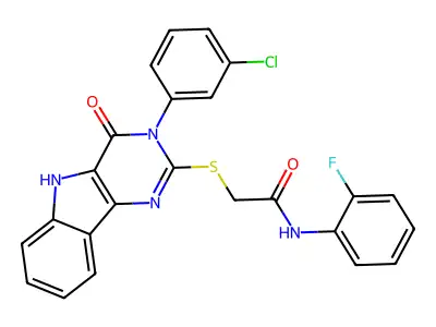 2-((3-(3-chlorophenyl)-4-oxo-4,5-dihydro-3H-pyrimido[5,4-b]indol-2-yl)thio)-N-(2-fluorophenyl)acetamide structure