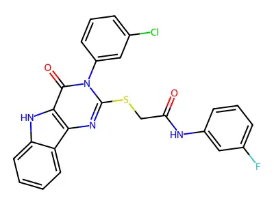 2-{[3-(3-chlorophenyl)-4-oxo-3H,4H,5H-pyrimido[5,4-b]indol-2-yl]sulfanyl}-N-(3-fluorophenyl)acetamide structure