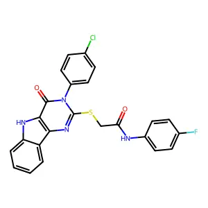 2-((3-(4-chlorophenyl)-4-oxo-4,5-dihydro-3H-pyrimido[5,4-b]indol-2-yl)thio)-N-(4-fluorophenyl)acetamide structure