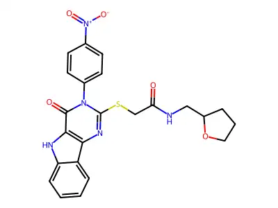 2-{[3-(4-nitrophenyl)-4-oxo-3H,4H,5H-pyrimido[5,4-b]indol-2-yl]sulfanyl}-N-[(oxolan-2-yl)methyl]acetamide structure