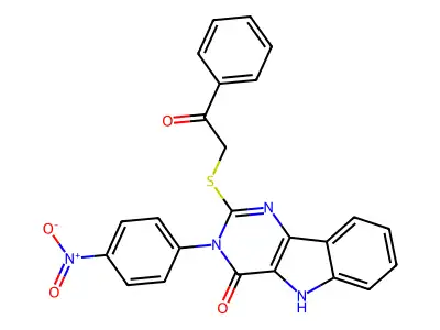 3-(4-nitrophenyl)-2-phenacylsulfanyl-5H-pyrimido[5,4-b]indol-4-one structure