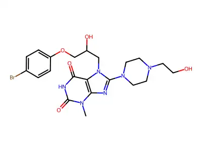 7-(3-(4-bromophenoxy)-2-hydroxypropyl)-8-(4-(2-hydroxyethyl)piperazin-1-yl)-3-methyl-1H-purine-2,6(3H,7H)-dione structure