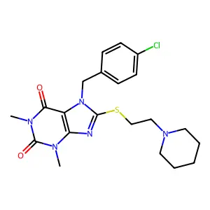 7-(4-chlorobenzyl)-1,3-dimethyl-8-((2-(piperidin-1-yl)ethyl)thio)-1H-purine-2,6(3H,7H)-dione structure