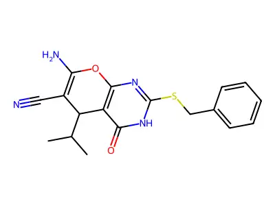 7-amino-2-benzylsulfanyl-4-oxo-5-propan-2-yl-3,5-dihydropyrano[2,3-d]pyrimidine-6-carbonitrile structure