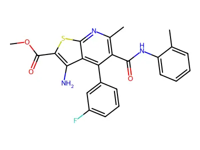 methyl 3-amino-4-(3-fluorophenyl)-6-methyl-5-[(2-methylphenyl)carbamoyl]thieno[2,3-b]pyridine-2-carboxylate structure