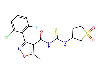 3-(2-chloro-6-fluorophenyl)-N-((1,1-dioxidotetrahydrothiophen-3-yl)carbamothioyl)-5-methylisoxazole-4-carboxamide structure