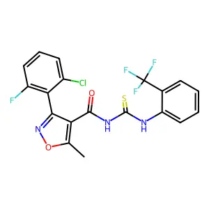 3-(2-chloro-6-fluorophenyl)-5-methyl-N-[[2-(trifluoromethyl)phenyl]carbamothioyl]-1,2-oxazole-4-carboxamide structure