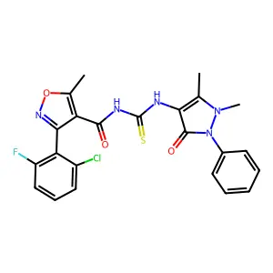3-(2-chloro-6-fluorophenyl)-N-((1,5-dimethyl-3-oxo-2-phenyl-2,3-dihydro-1H-pyrazol-4-yl)carbamothioyl)-5-methylisoxazole-4-carboxamide structure