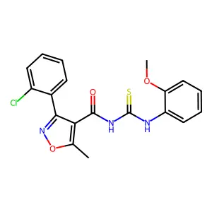 3-(2-chlorophenyl)-N-((2-methoxyphenyl)carbamothioyl)-5-methylisoxazole-4-carboxamide structure