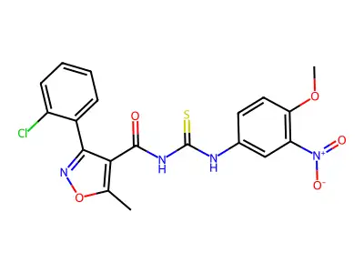 3-(2-chlorophenyl)-N-((4-methoxy-3-nitrophenyl)carbamothioyl)-5-methylisoxazole-4-carboxamide structure