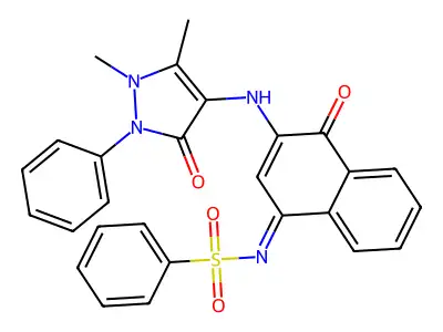 N-{3-[(1,5-Dimethyl-3-oxo-2-phenyl-2,3-dihydro-1H-pyrazol-4-yl)amino]-4-oxonaphthalen-1(4H)-ylidene}benzenesulfonamide structure