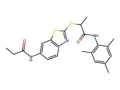 2-[[6-(propanoylamino)-1,3-benzothiazol-2-yl]sulfanyl]-N-(2,4,6-trimethylphenyl)propanamide structure