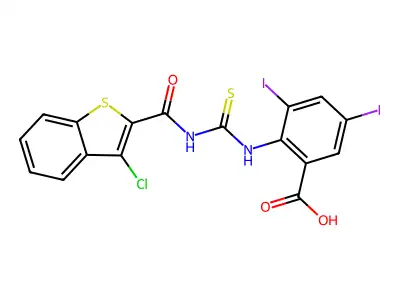 2-[(3-chloro-1-benzothiophene-2-carbonyl)carbamothioylamino]-3,5-diiodobenzoic acid structure
