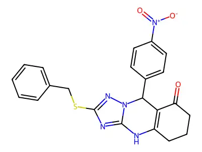 2-(benzylsulfanyl)-9-(4-nitrophenyl)-4H,5H,6H,7H,8H,9H-[1,2,4]triazolo[3,2-b]quinazolin-8-one structure