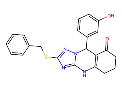 2-(benzylsulfanyl)-9-(3-hydroxyphenyl)-5,6,7,9-tetrahydro[1,2,4]triazolo[5,1-b]quinazolin-8(4H)-one structure