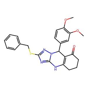 2-(benzylsulfanyl)-9-(3,4-dimethoxyphenyl)-5,6,7,9-tetrahydro[1,2,4]triazolo[5,1-b]quinazolin-8(4H)-one structure