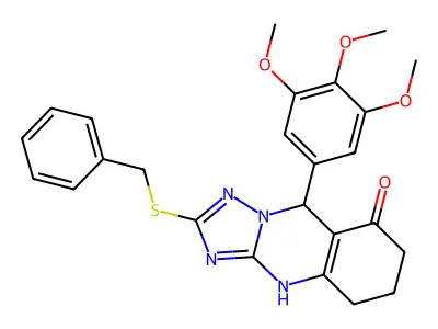 2-(benzylsulfanyl)-9-(3,4,5-trimethoxyphenyl)-5,6,7,9-tetrahydro[1,2,4]triazolo[5,1-b]quinazolin-8(4H)-one structure