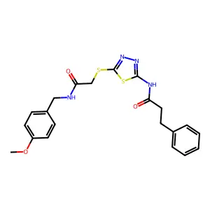 N-(5-((2-((4-methoxybenzyl)amino)-2-oxoethyl)thio)-1,3,4-thiadiazol-2-yl)-3-phenylpropanamide structure