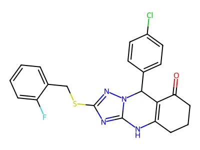 9-(4-chlorophenyl)-2-((2-fluorobenzyl)thio)-5,6,7,9-tetrahydro-[1,2,4]triazolo[5,1-b]quinazolin-8(4H)-one structure