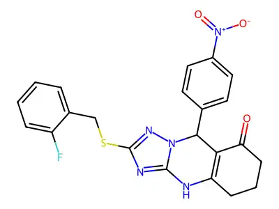 2-{[(2-fluorophenyl)methyl]sulfanyl}-9-(4-nitrophenyl)-4H,5H,6H,7H,8H,9H-[1,2,4]triazolo[3,2-b]quinazolin-8-one structure