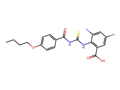 2-[[[(4-Butoxybenzoyl)amino]thioxomethyl]amino]-3,5-diiodo-benzoic acid structure