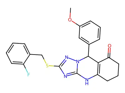 2-((2-fluorobenzyl)thio)-9-(3-methoxyphenyl)-5,6,7,9-tetrahydro-[1,2,4]triazolo[5,1-b]quinazolin-8(4H)-one structure