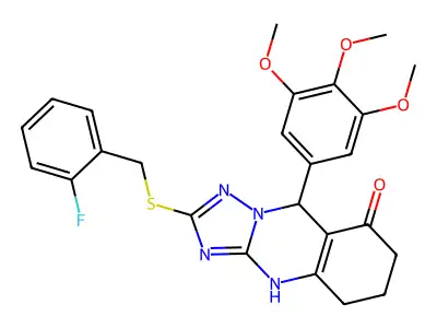 2-{[(2-fluorophenyl)methyl]sulfanyl}-9-(3,4,5-trimethoxyphenyl)-4H,5H,6H,7H,8H,9H-[1,2,4]triazolo[3,2-b]quinazolin-8-one structure