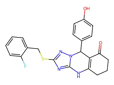 2-{[(2-fluorophenyl)methyl]sulfanyl}-9-(4-hydroxyphenyl)-4H,5H,6H,7H,8H,9H-[1,2,4]triazolo[3,2-b]quinazolin-8-one structure