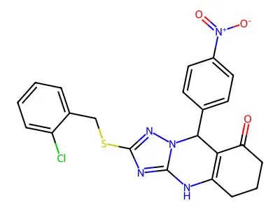 2-{[(2-chlorophenyl)methyl]sulfanyl}-9-(4-nitrophenyl)-4H,5H,6H,7H,8H,9H-[1,2,4]triazolo[3,2-b]quinazolin-8-one structure