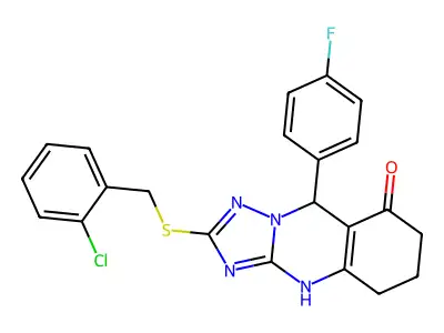 2-{[(2-chlorophenyl)methyl]sulfanyl}-9-(4-fluorophenyl)-4H,5H,6H,7H,8H,9H-[1,2,4]triazolo[3,2-b]quinazolin-8-one structure
