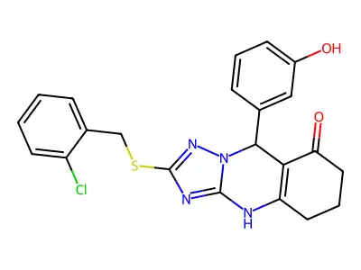 2-[(2-chlorobenzyl)sulfanyl]-9-(3-hydroxyphenyl)-5,6,7,9-tetrahydro[1,2,4]triazolo[5,1-b]quinazolin-8(4H)-one structure